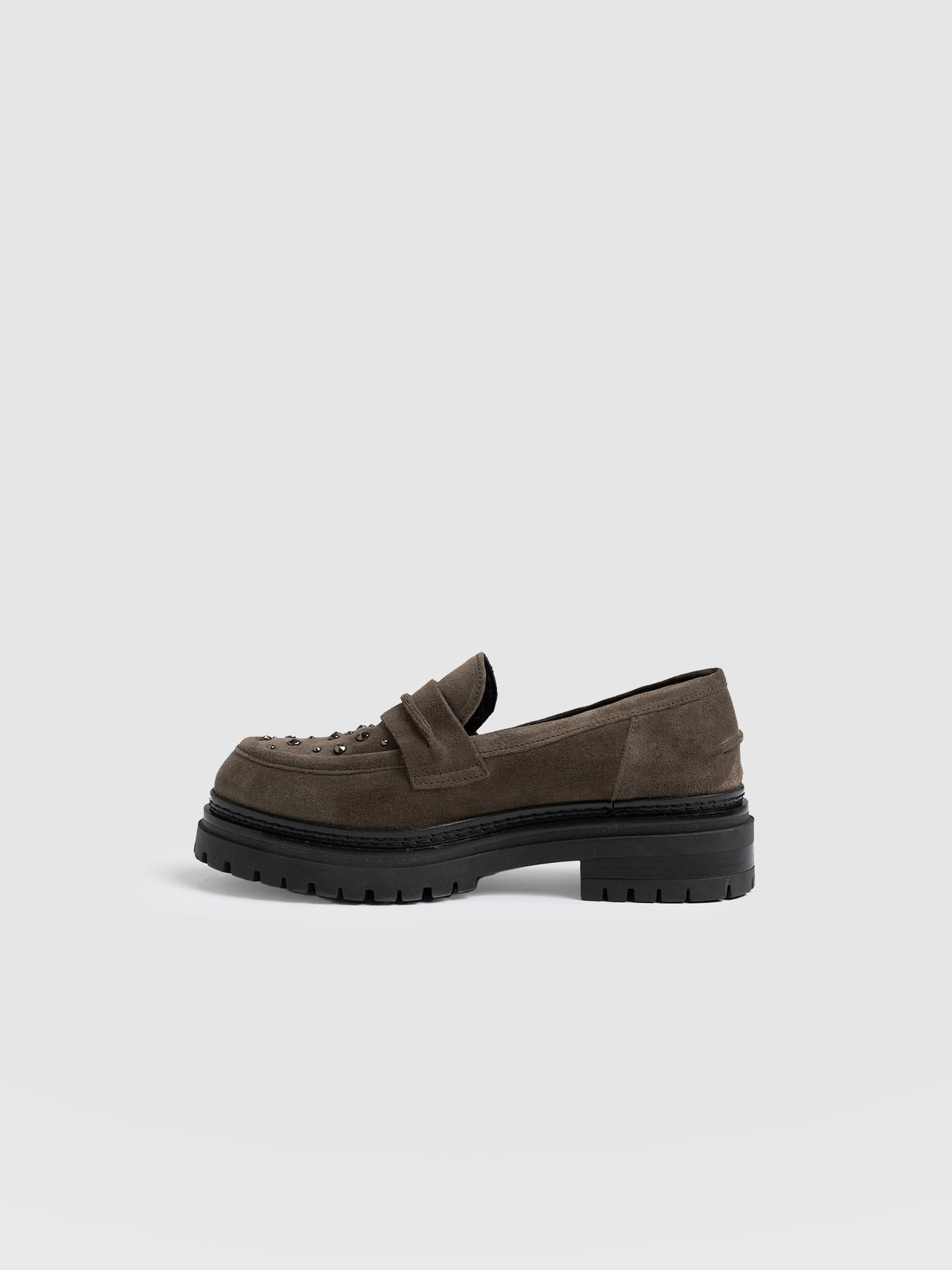 Raine Studded Loafer Taupe Suede- Women's Loafers | Saint + Sofia® UK