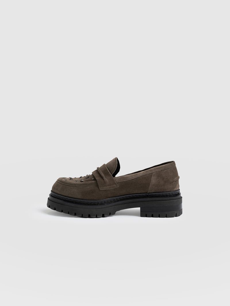 Raine Studded Loafer Taupe Suede- Women's Loafers | Saint + Sofia® UK