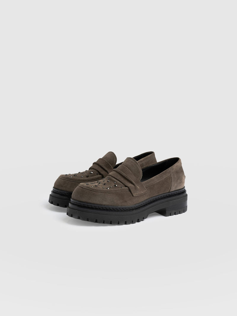 Raine Studded Loafer Taupe Suede- Women's Loafers | Saint + Sofia® UK