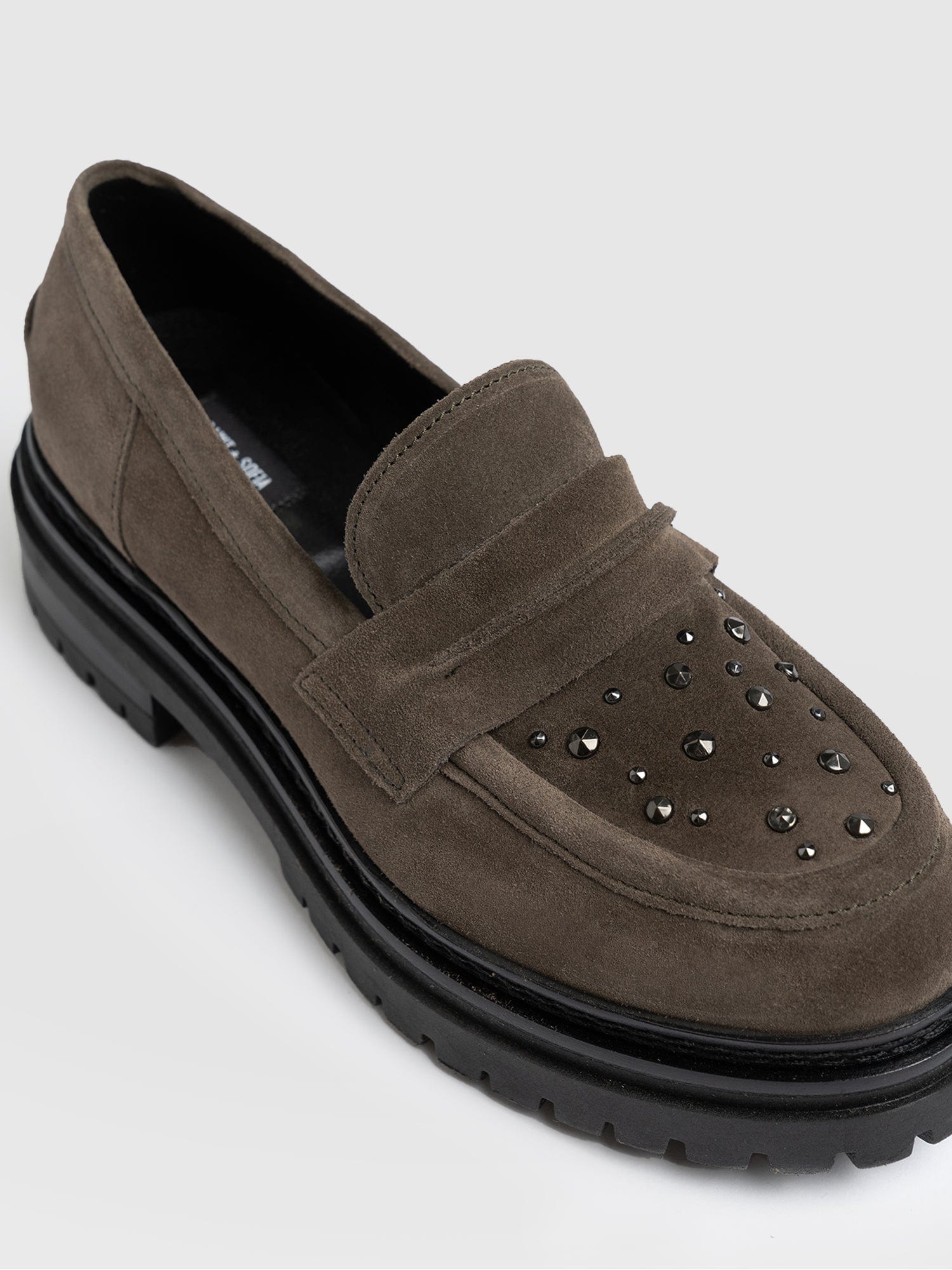 Raine Studded Loafer Taupe Suede- Women's Loafers | Saint + Sofia® UK
