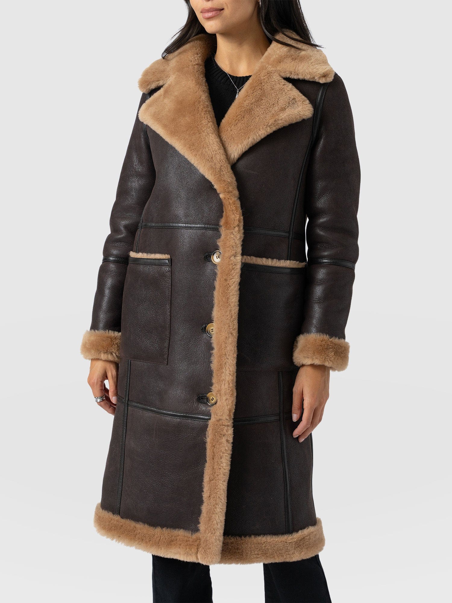 Ramone Shearling Reversible Coat - Brown - Women's Leathers | Saint + Sofia® UK