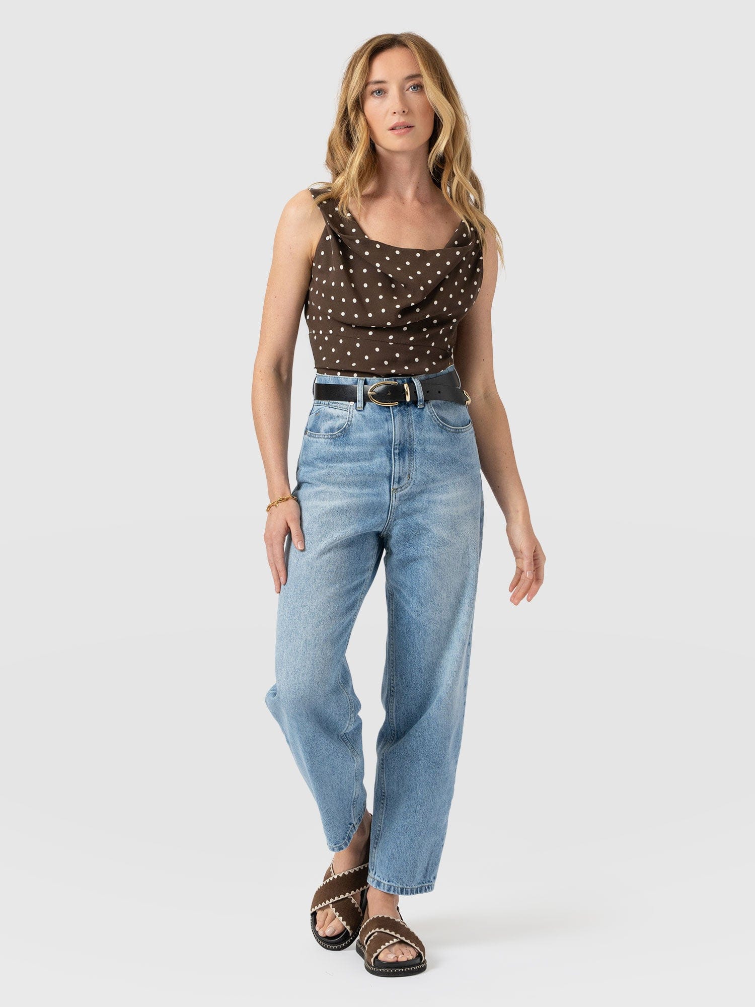 Raye Cowl Cami - Brown Polka Dot - Women's T-shirts | Saint + Sofia® UK