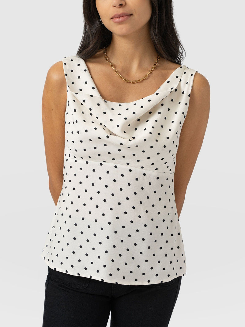 Raye Cowl Cami - Cream Polka Dot - Women's T-shirts | Saint + Sofia® UK