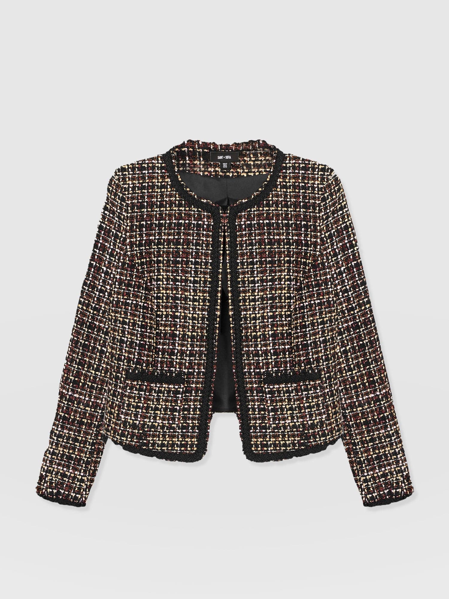Rayner Jacket - Black/Burgundy/Gold Boucle - Women's Jackets | Saint + Sofia® UK