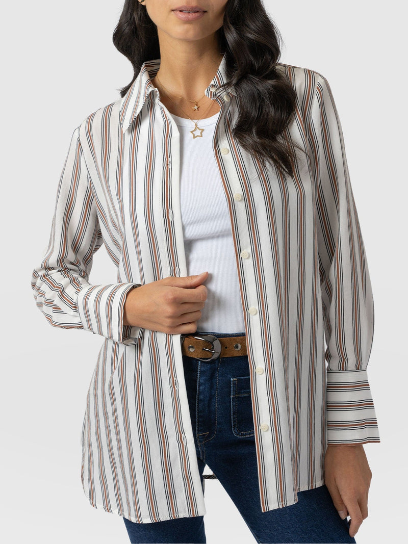 Reagan Tie Shirt - Beige Stripe