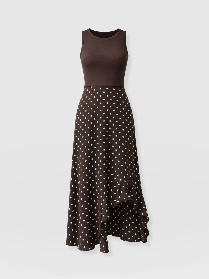 Renee Contrast Frill Dress - Brown Polka Dot
