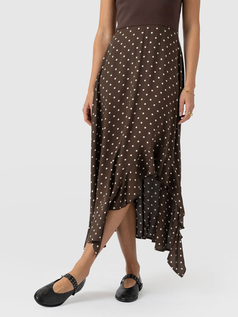 Renee Contrast Frill Dress - Brown Polka Dot - Women's Handbags | Saint + Sofia® UK