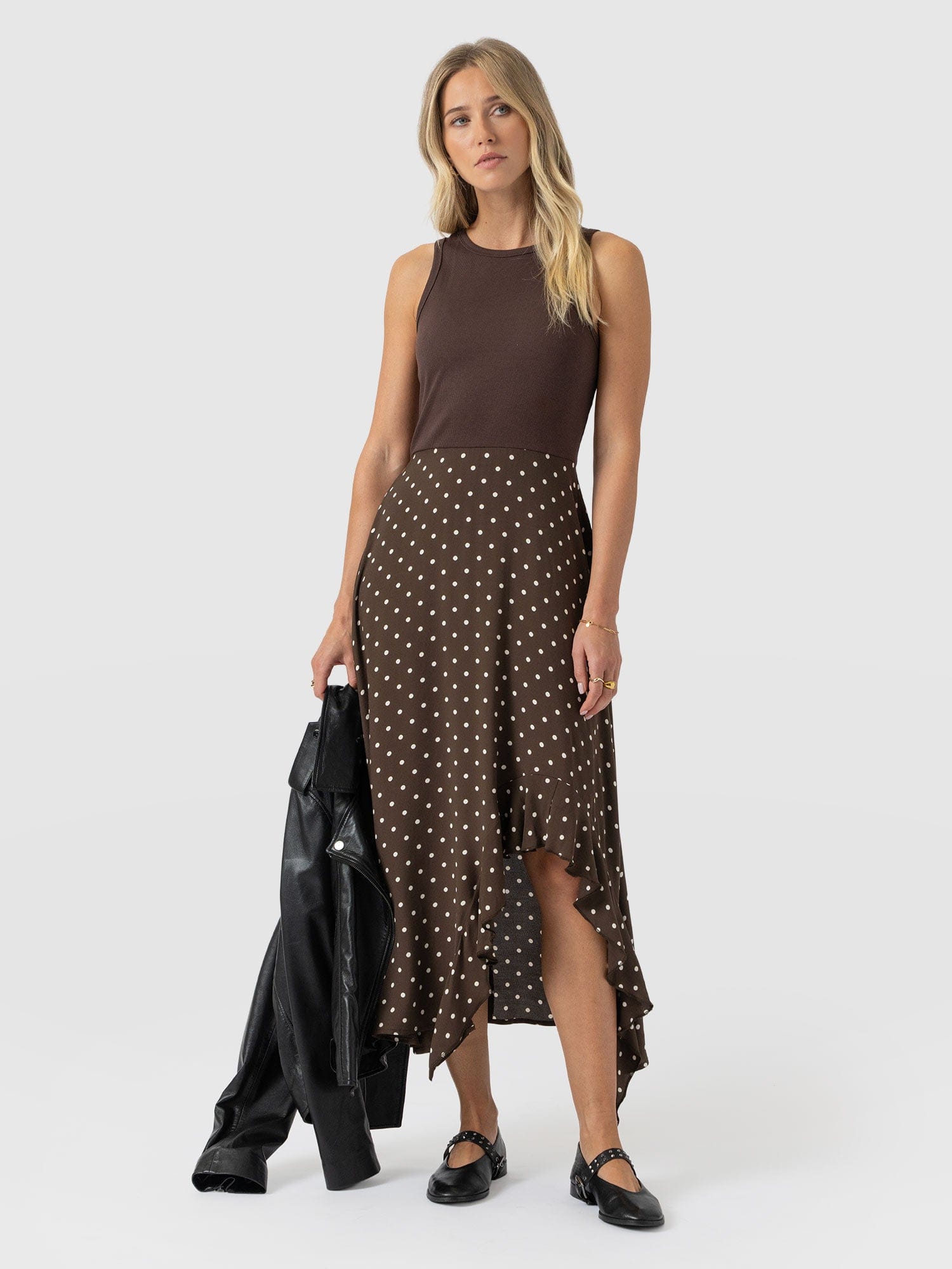Renee Contrast Frill Dress - Brown Polka Dot - Women's Handbags | Saint + Sofia® UK