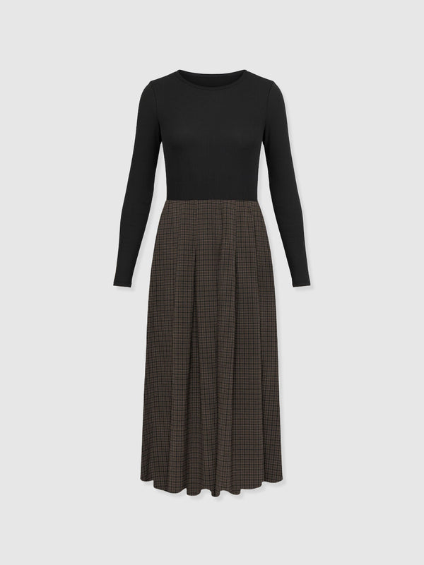 Renee Contrast Long Sleeve Dress - Brown Check
