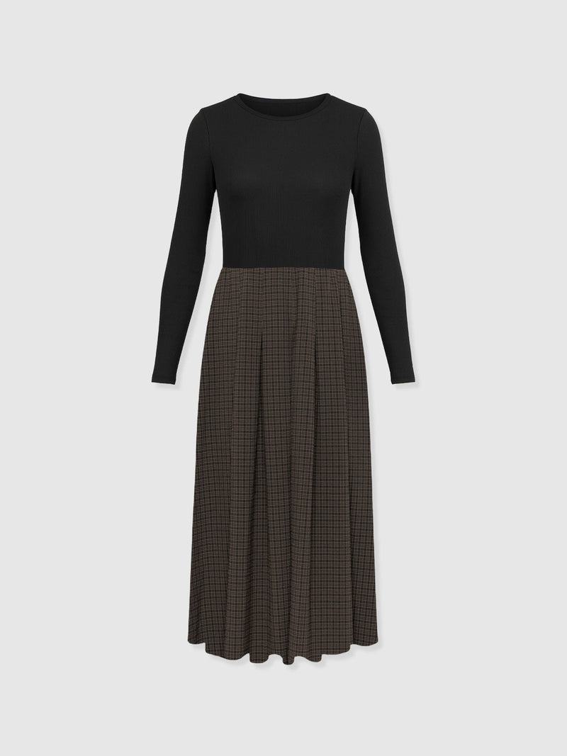 Renee Contrast Long Sleeve Dress - Brown Check