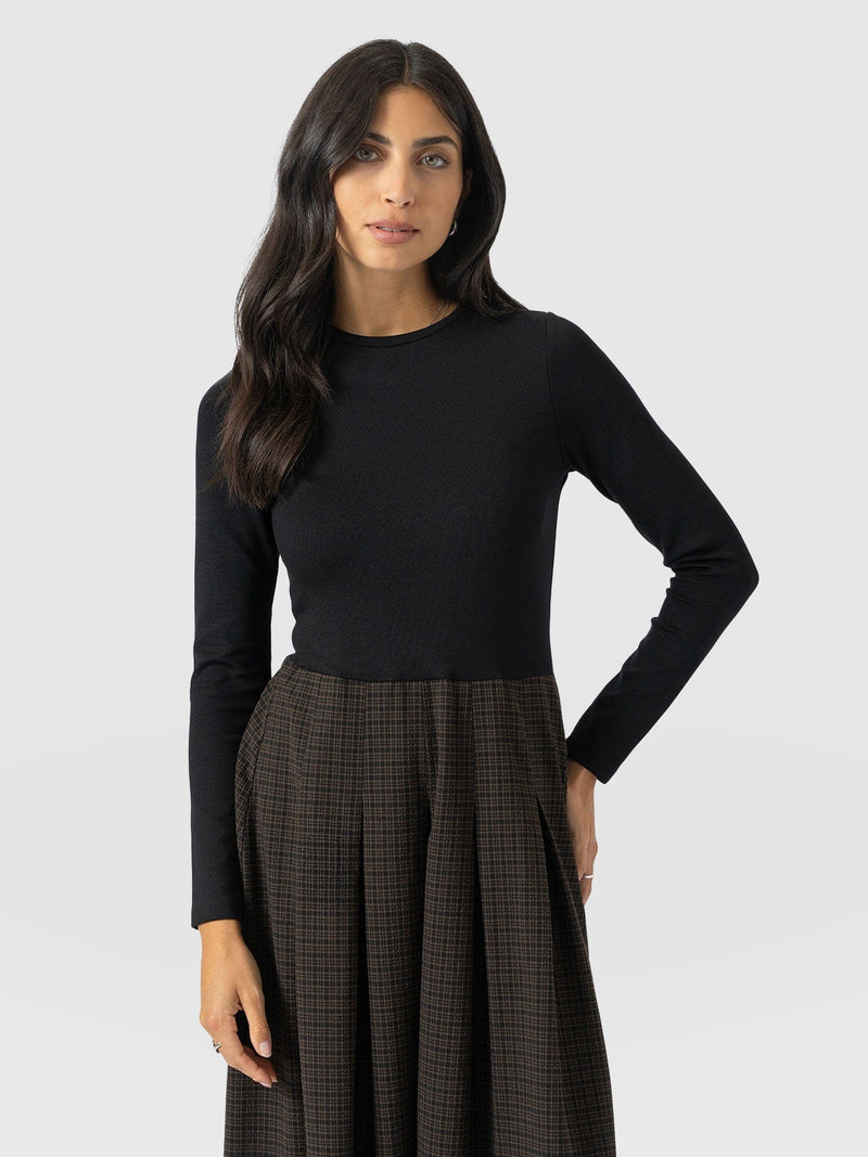 Renee Contrast Long Sleeve Dress - Brown Check