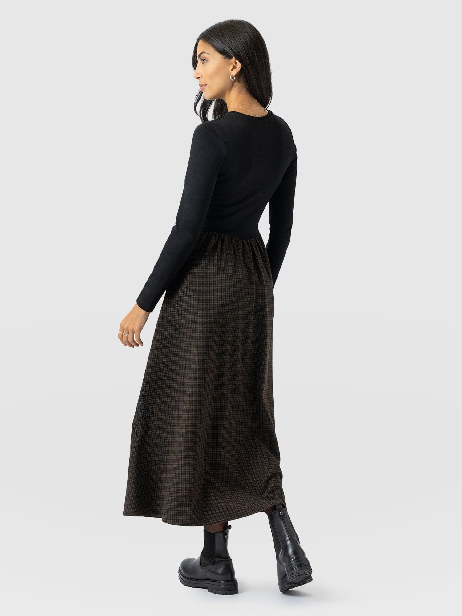 Renee Contrast Long Sleeve Dress - Brown Check