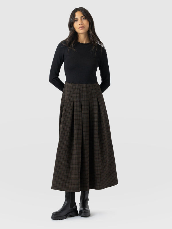 Renee Contrast Long Sleeve Dress - Brown Check