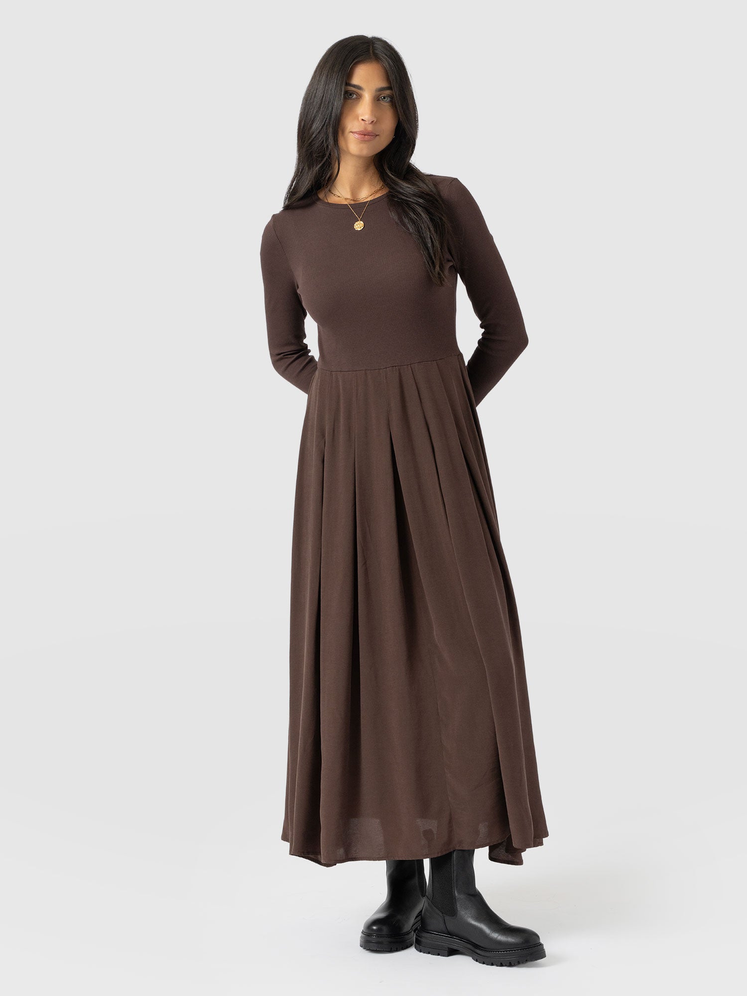 Renee Contrast Long Sleeve Dress - Brown