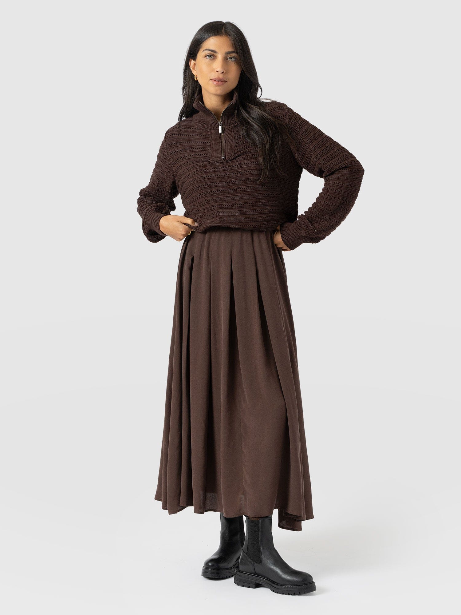 Renee Contrast Long Sleeve Dress - Brown