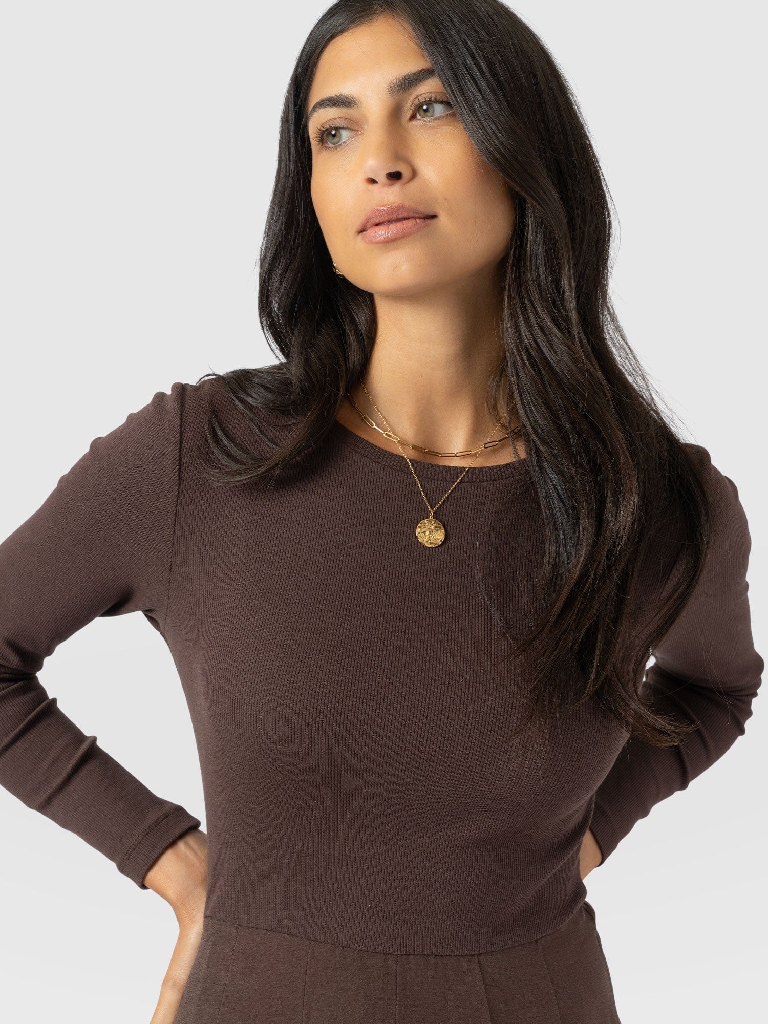 Renee Contrast Long Sleeve Dress - Brown