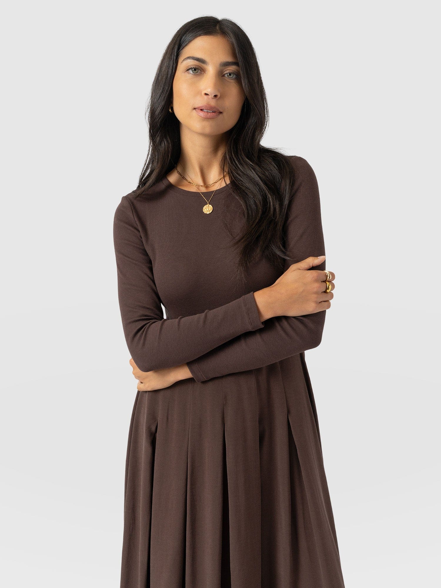 Renee Contrast Long Sleeve Dress - Brown