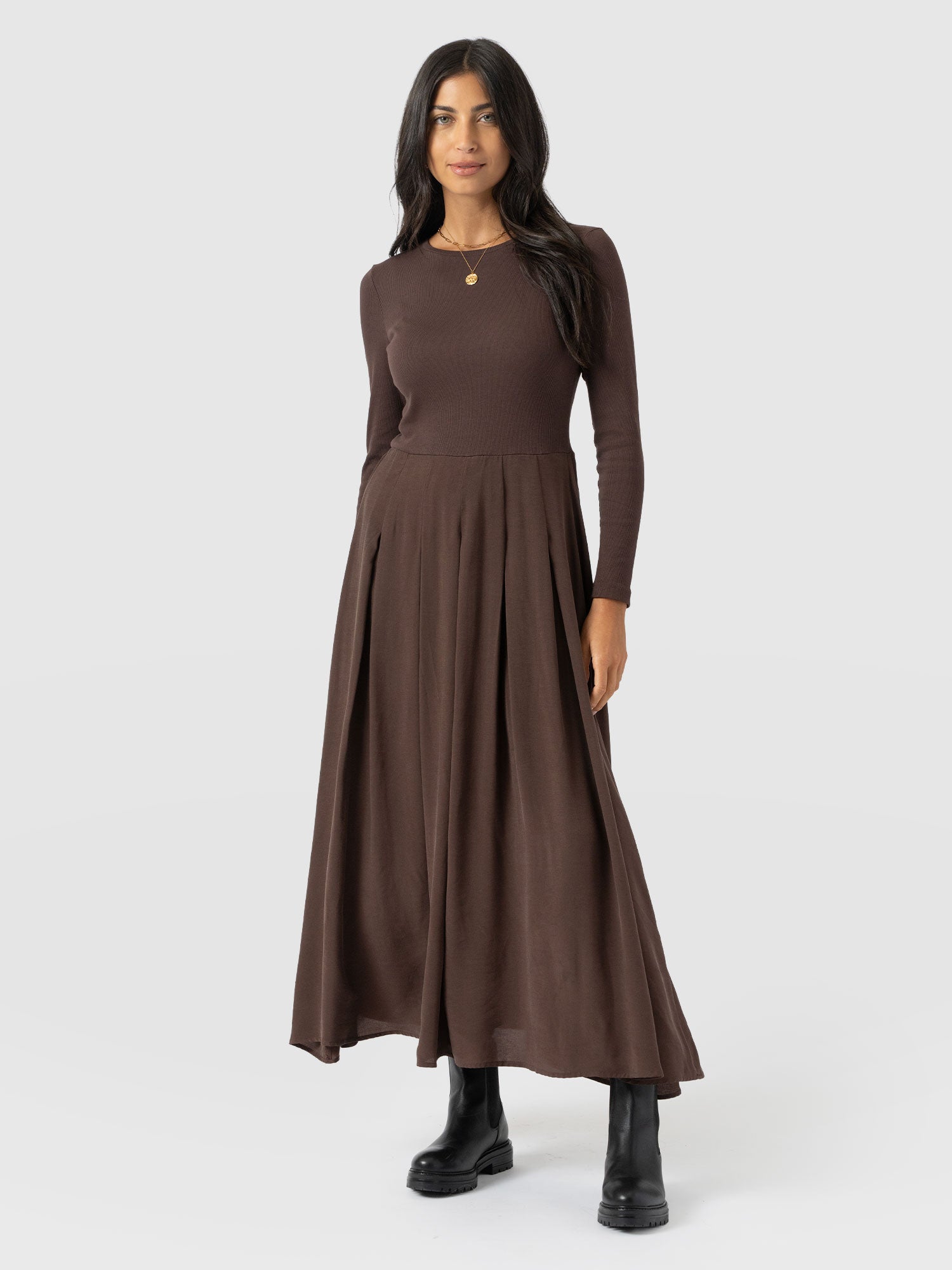 Renee Contrast Long Sleeve Dress - Brown