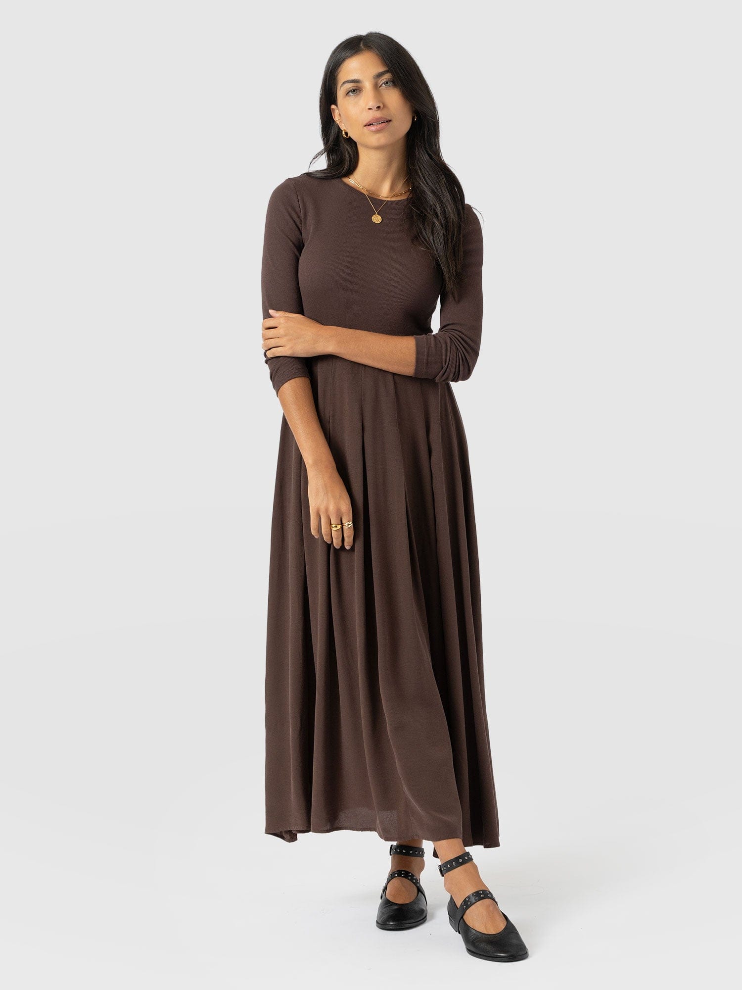Renee Contrast Long Sleeve Dress - Brown