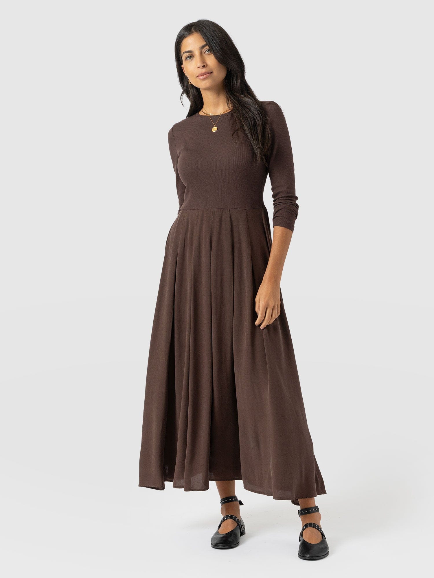 Renee Contrast Long Sleeve Dress - Brown