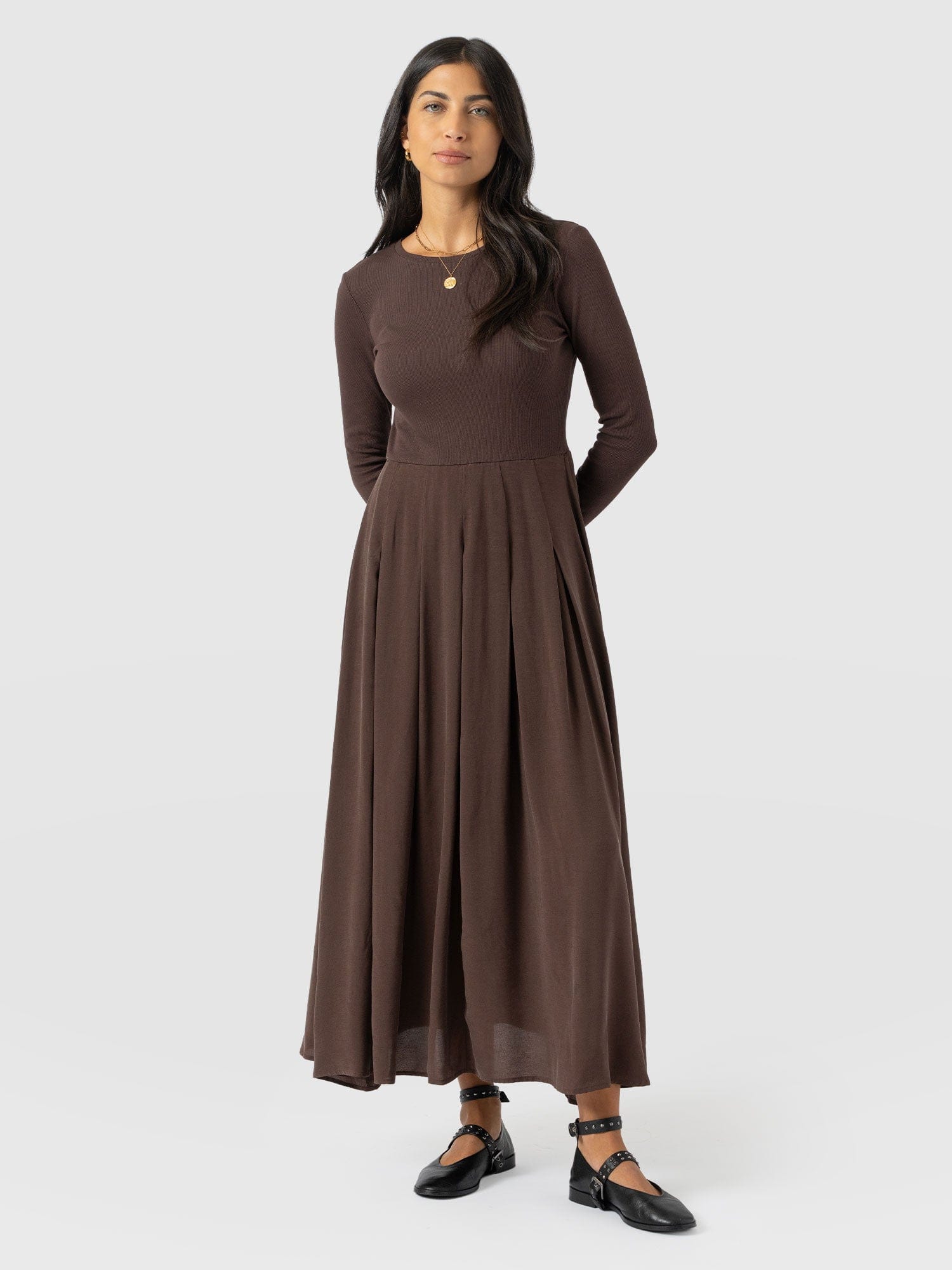 Renee Contrast Long Sleeve Dress - Brown