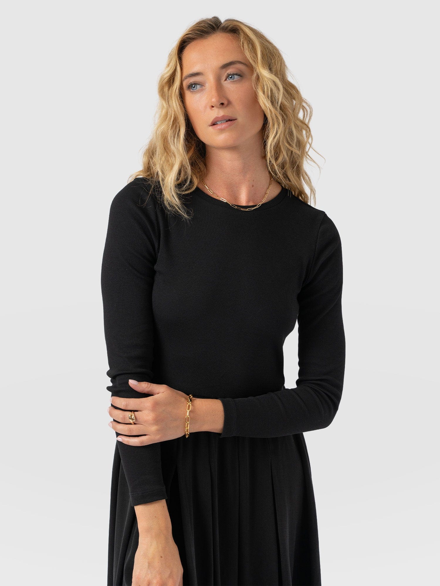 Renee Rib Contrast Long Sleeve Dress - Black