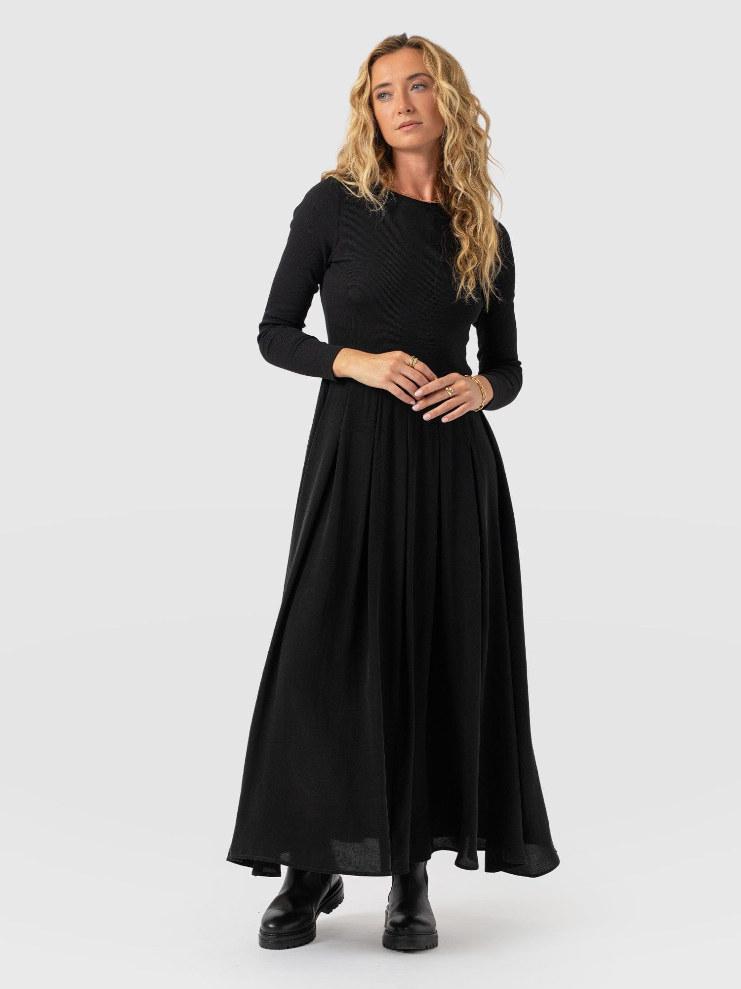 Renee Rib Contrast Long Sleeve Dress - Black