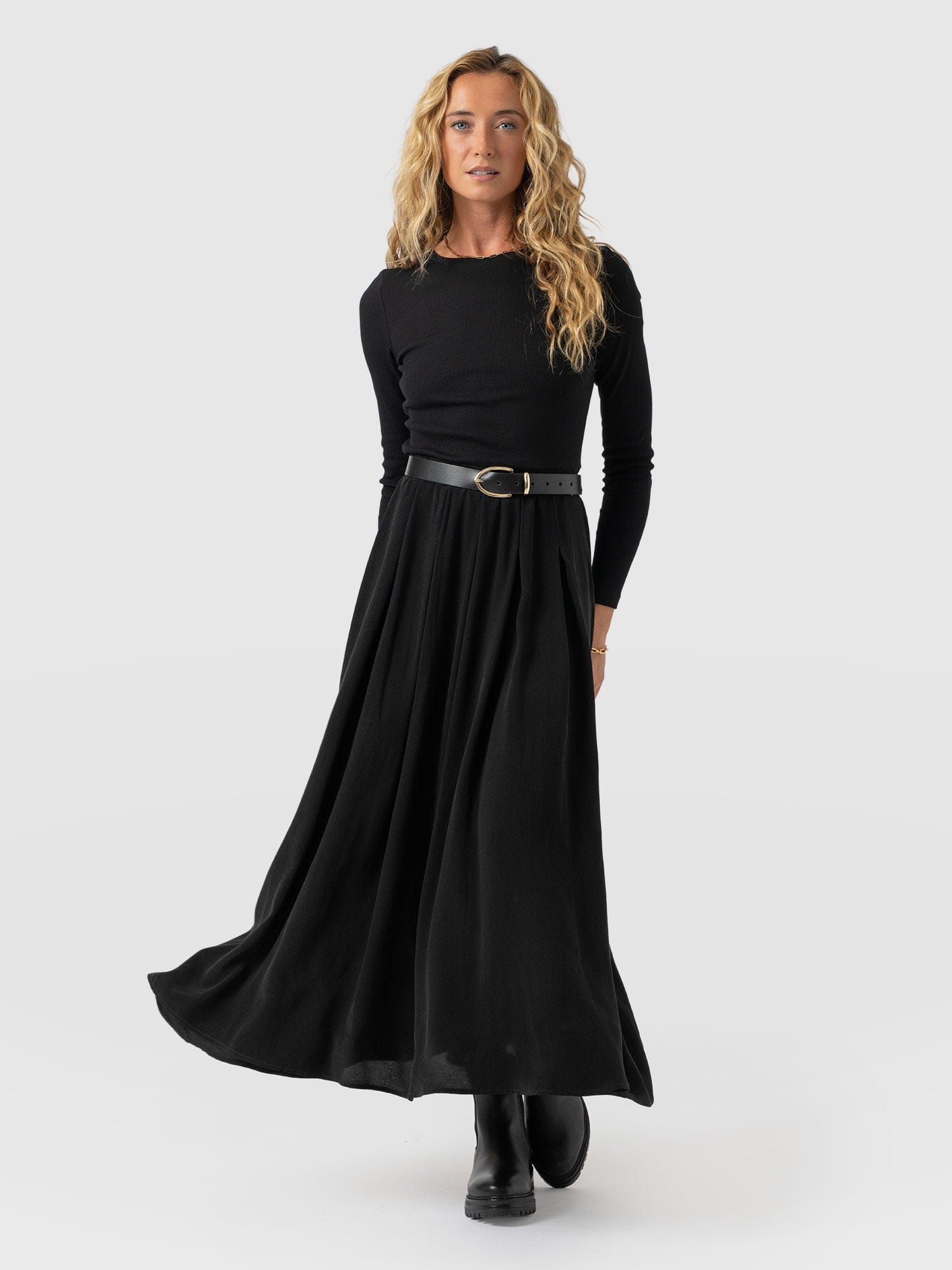 Renee Rib Contrast Long Sleeve Dress - Black