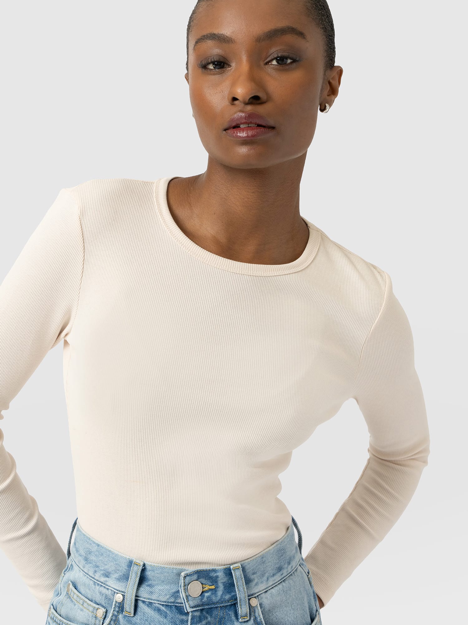 Ribbed Long Sleeve Tee - Cream - Women's T-shirts | Saint and Sofia® UK