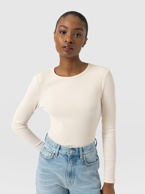 Ribbed Long Sleeve Tee - Cream - Women's T-shirts | Saint and Sofia® UK