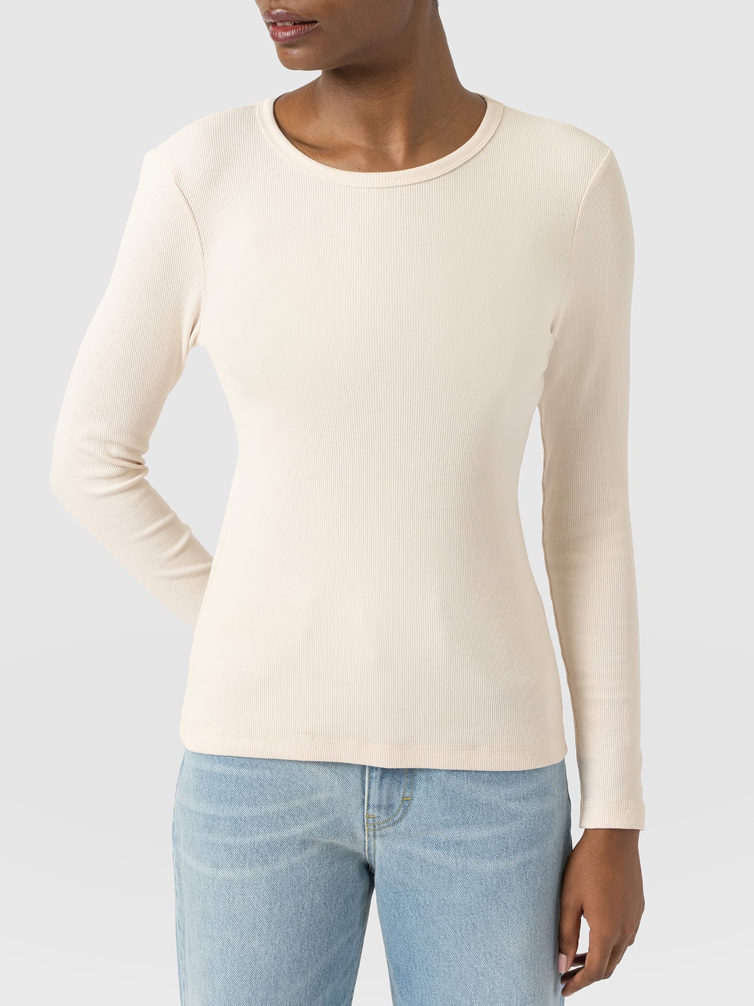 Ribbed Long Sleeve Tee - Cream - Women's T-shirts | Saint and Sofia® UK