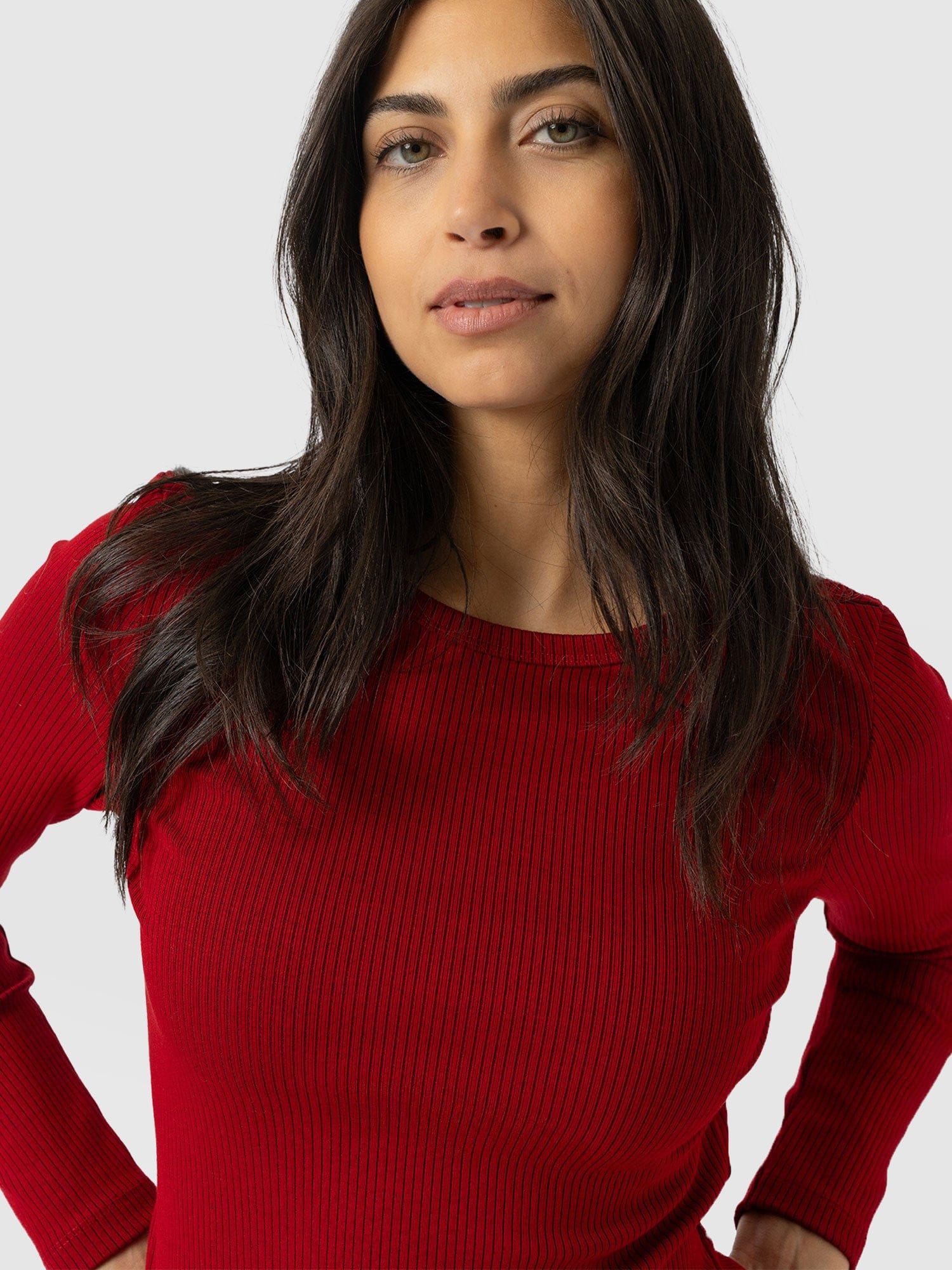 Ribbed Long Sleeve Tee - Deep Red - Women's T-shirts | Saint and Sofia® UK