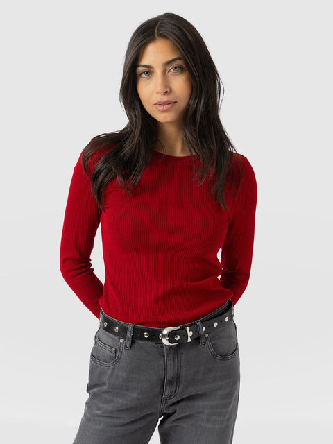 Ribbed Long Sleeve Tee - Deep Red - Women's T-shirts | Saint and Sofia® UK