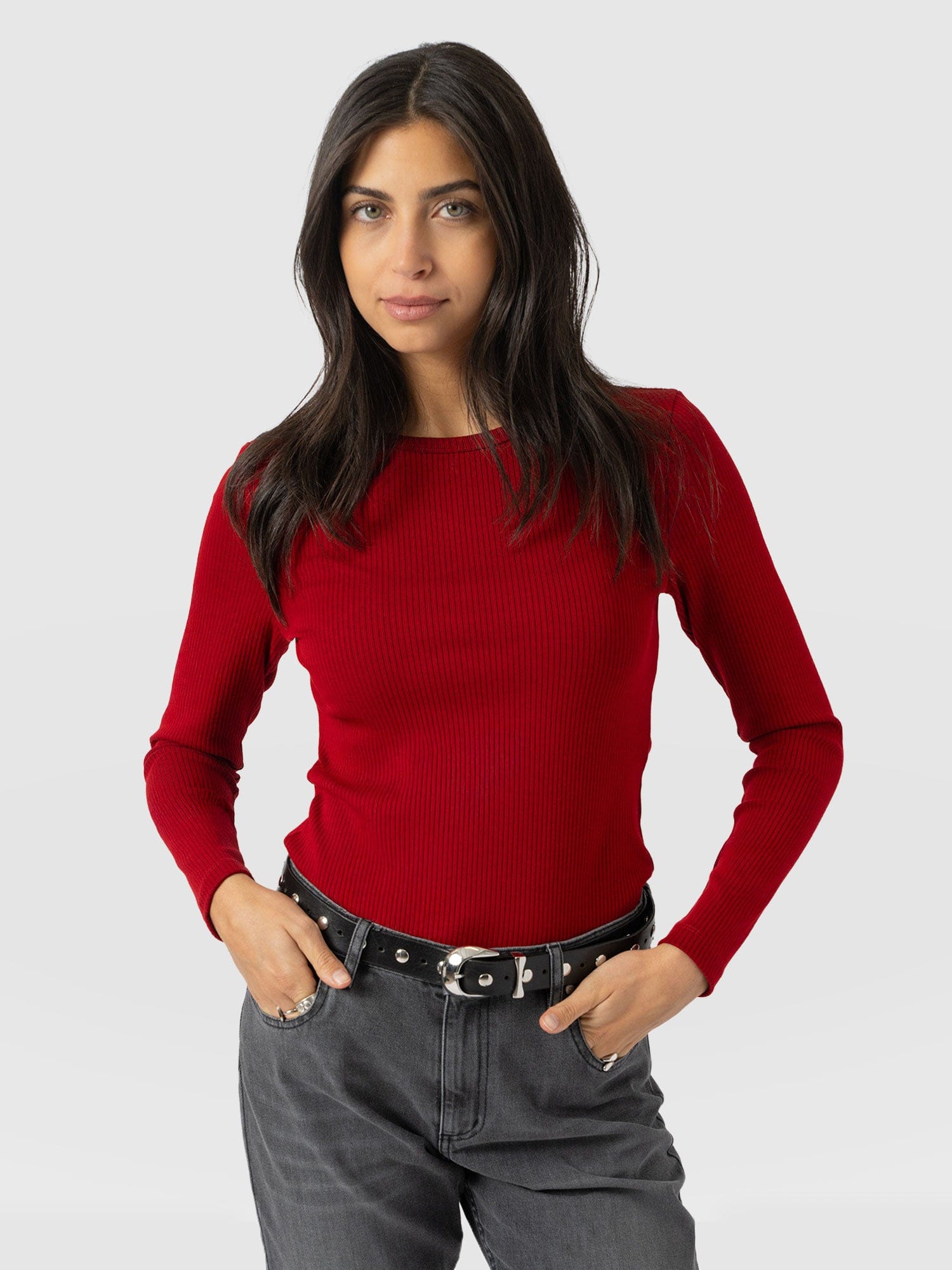 Ribbed Long Sleeve Tee - Deep Red - Women's T-shirts | Saint and Sofia® UK