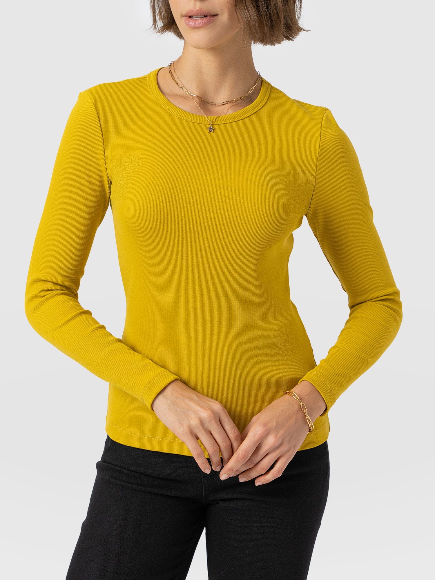 Ribbed Long Sleeve Tee - Mustard - Women's T-shirts | Saint and Sofia® UK