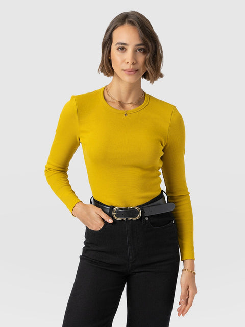 Ribbed Long Sleeve Tee - Mustard - Women's T-shirts | Saint and Sofia® UK