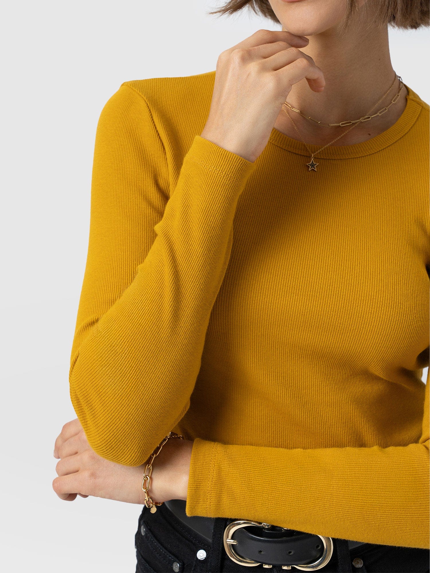 Ribbed Long Sleeve Tee - Ochre - Women's T-shirts | Saint + Sofia® UK
