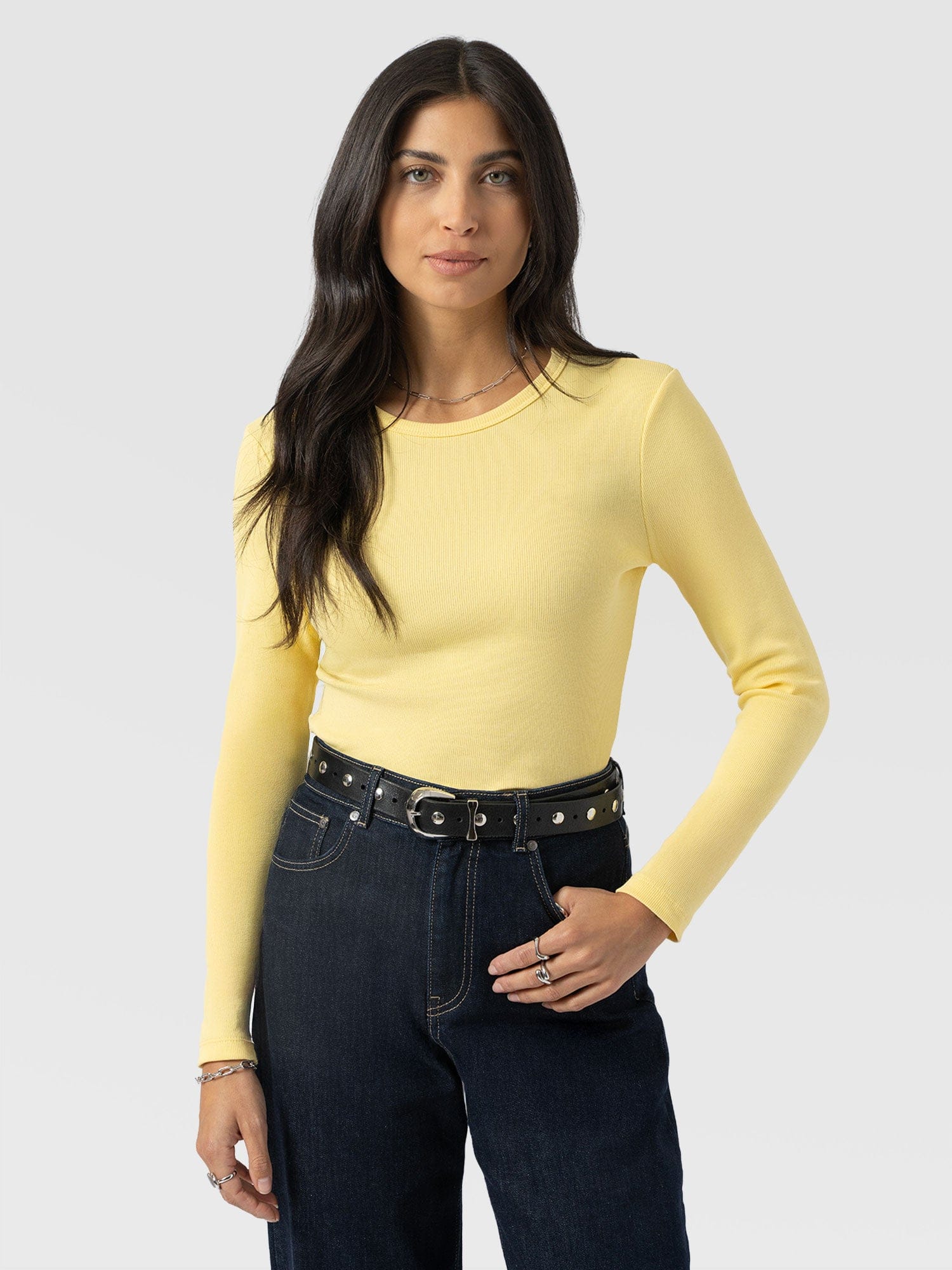 Ribbed Long Sleeve Tee - Pale Yellow - Women's T-shirts | Saint + Sofia® UK
