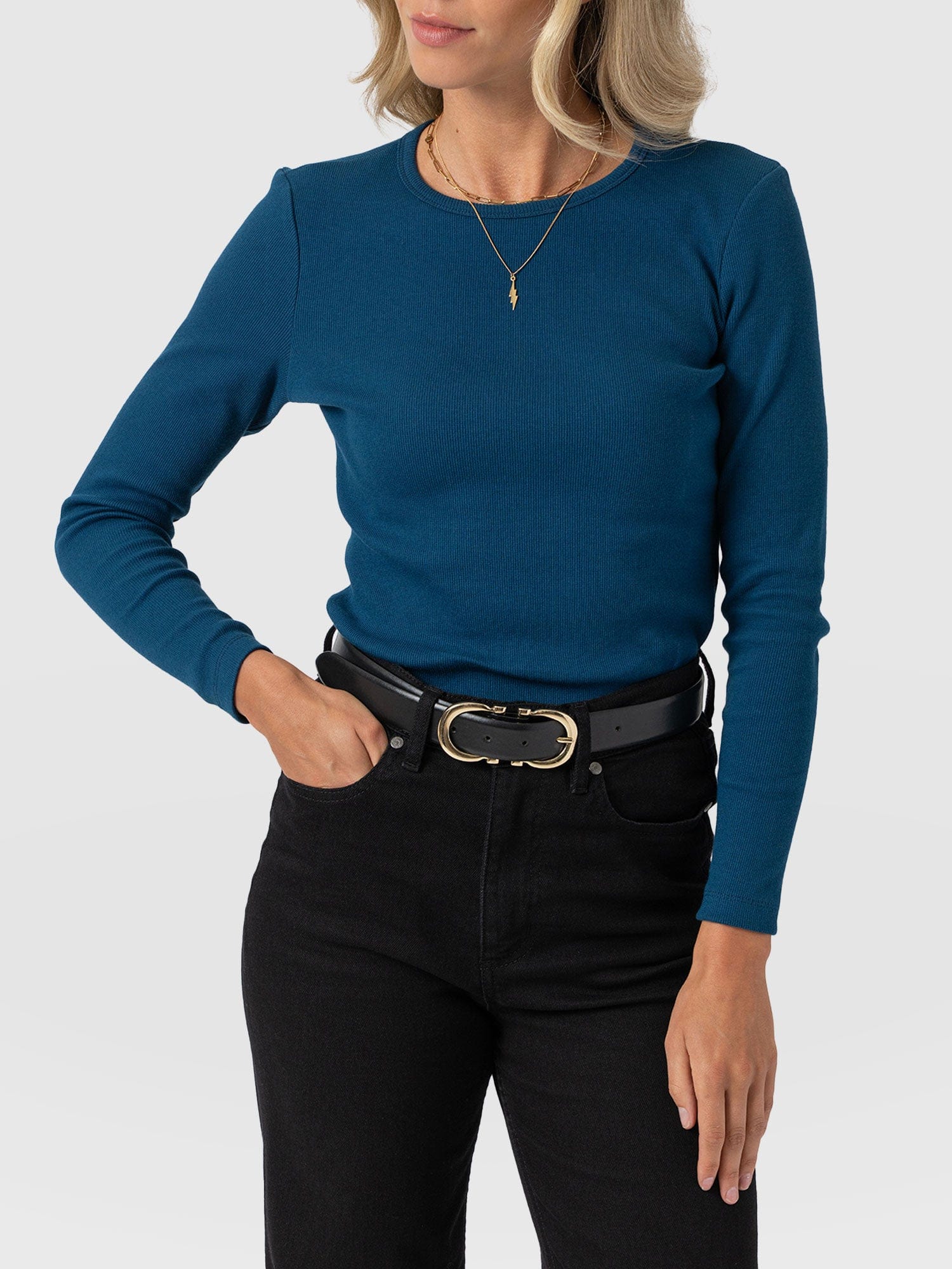Ribbed Long Sleeve Tee - Teal - Women's T-shirts | Saint + Sofia® UK