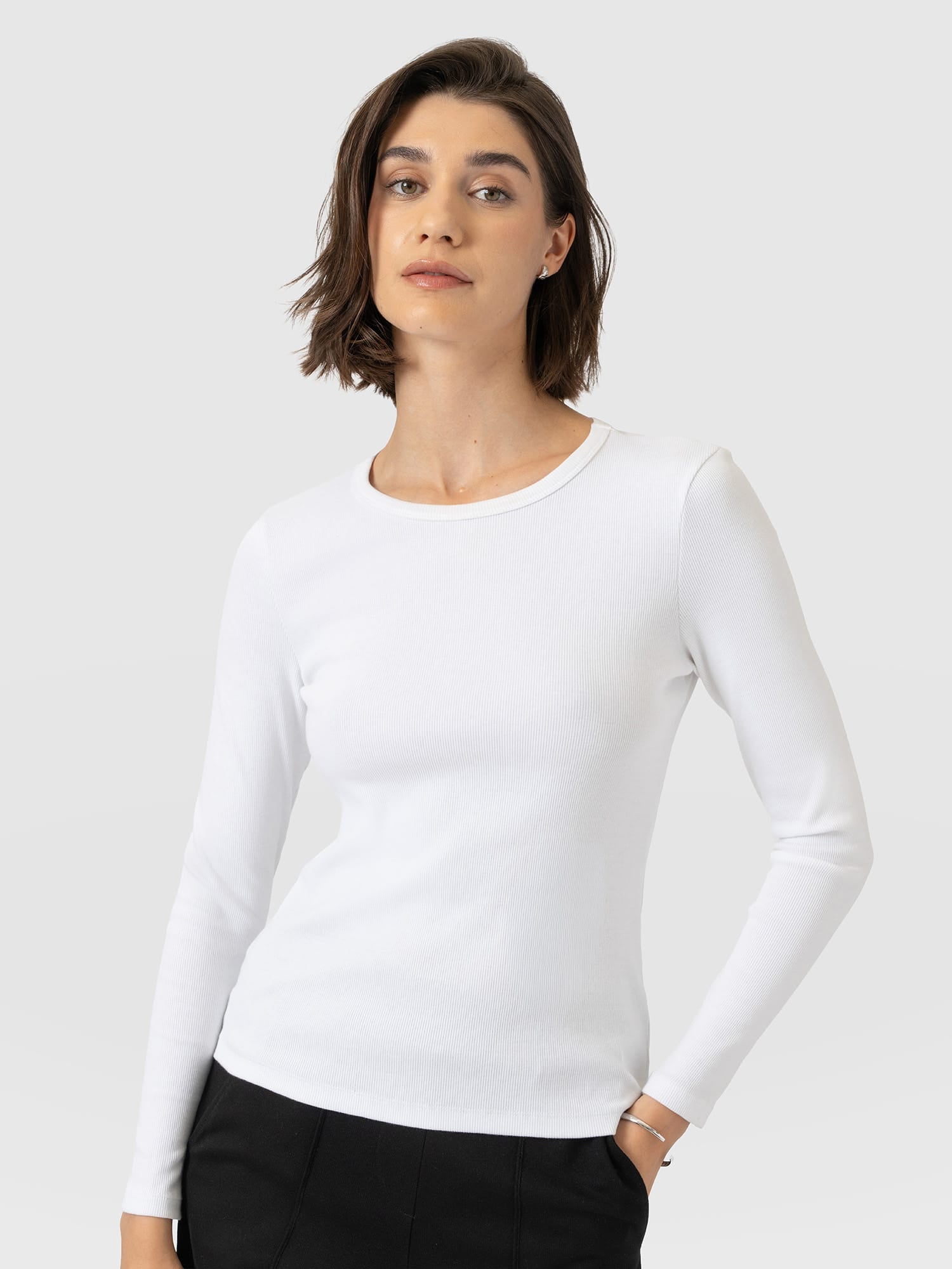 Ribbed Long Sleeve Tee - White - Women's T-shirts | Saint and Sofia® UK