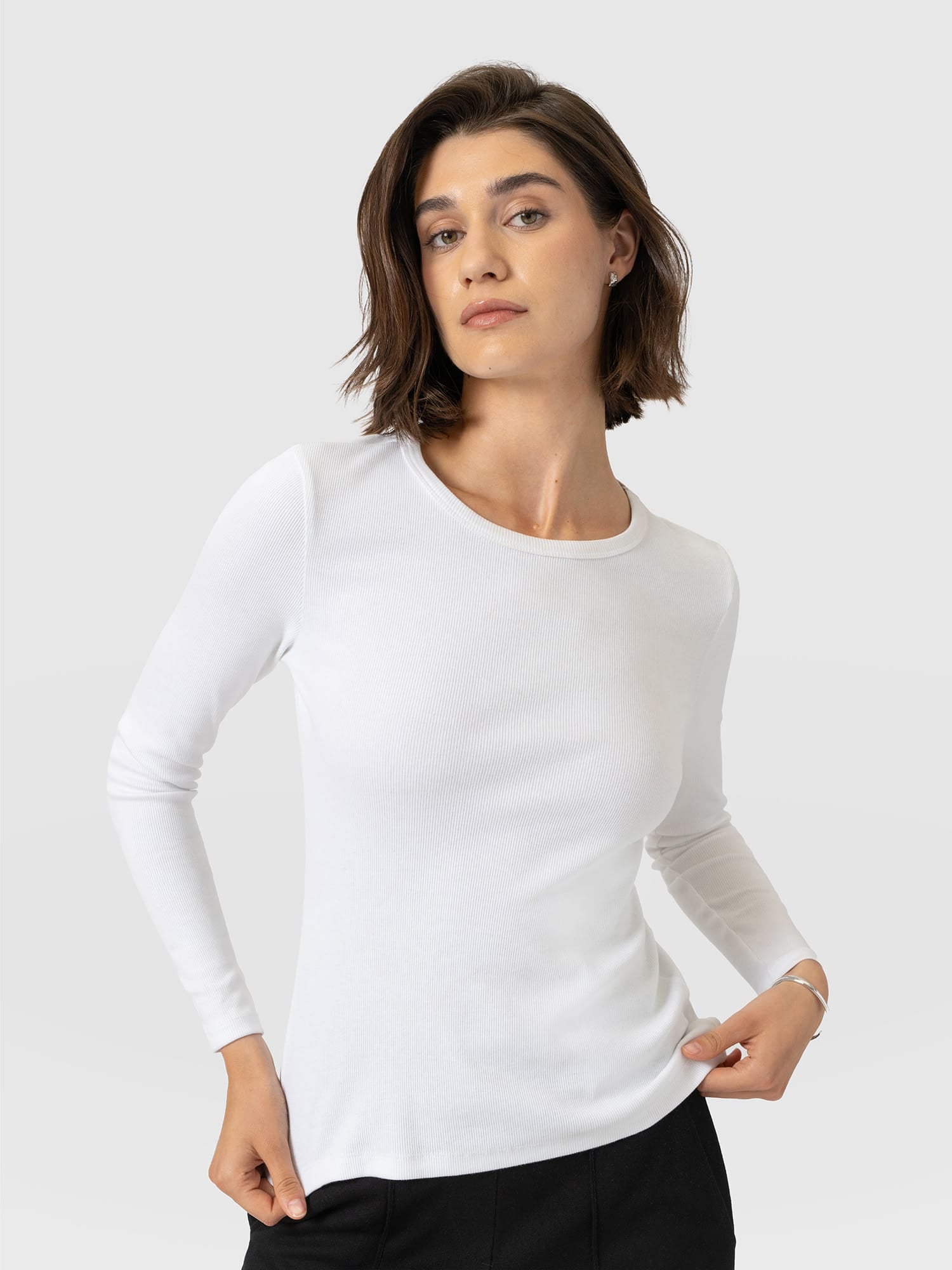 Ribbed Long Sleeve Tee - White - Women's T-shirts | Saint and Sofia® UK