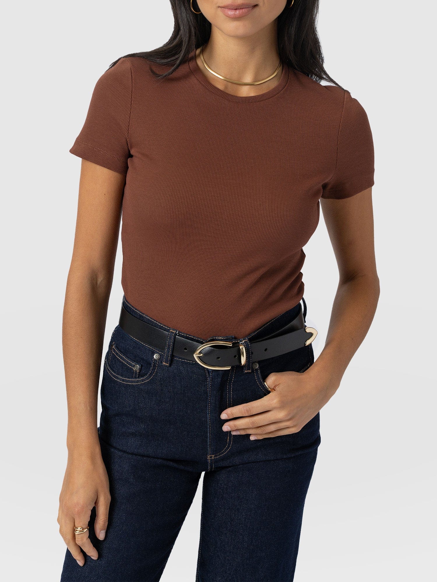 Ribbed Short Sleeve Tee - Russet Brown - Women's T-shirts | Saint + Sofia? UK