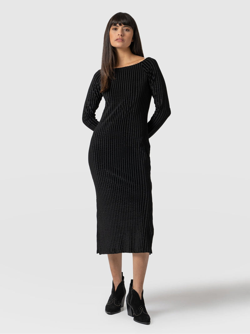 Riviera Long Sleeve Dress - Black Stripe Velvet