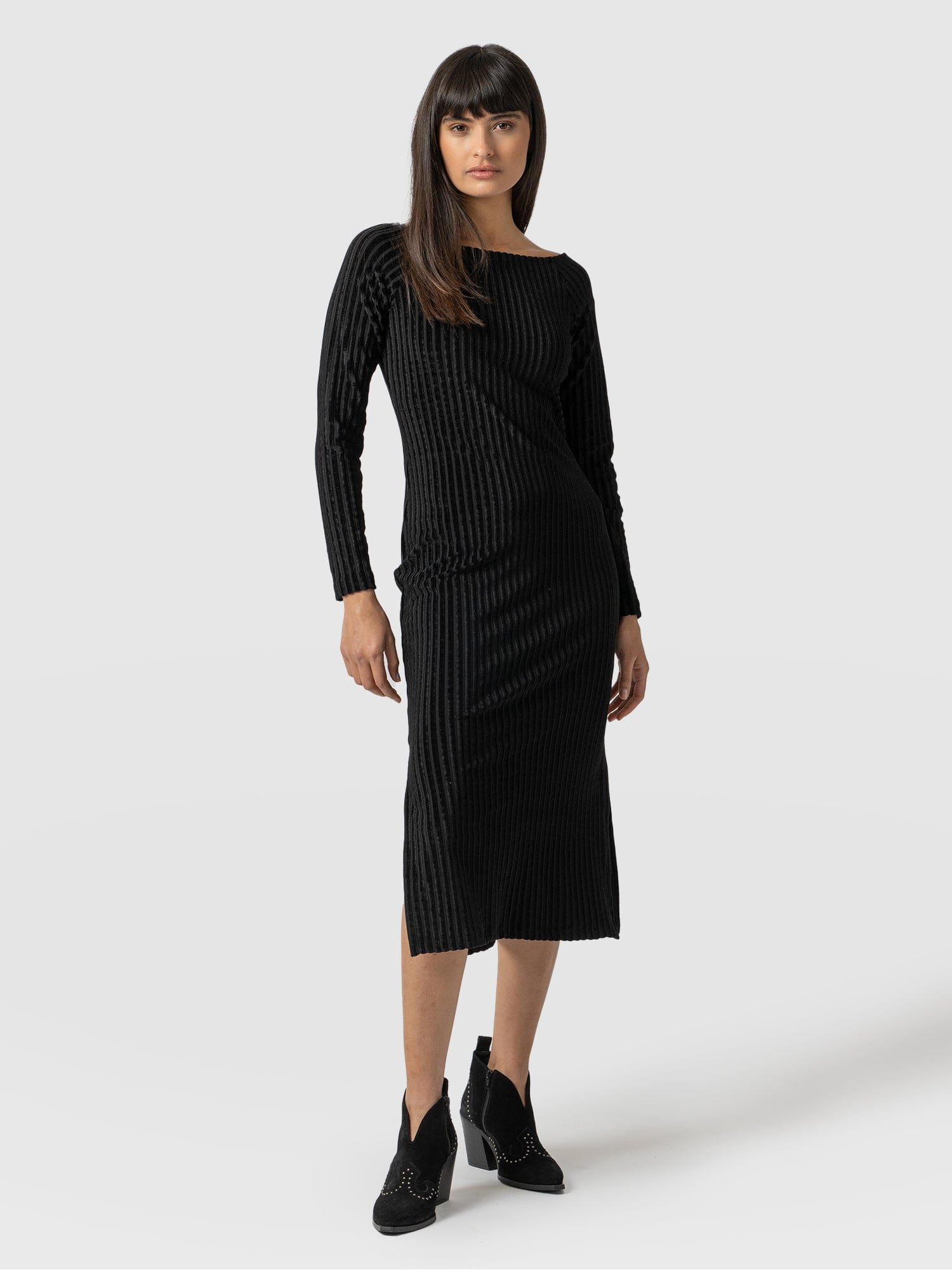 Riviera Long Sleeve Dress Black Stripe Velvet - Women's Dresses