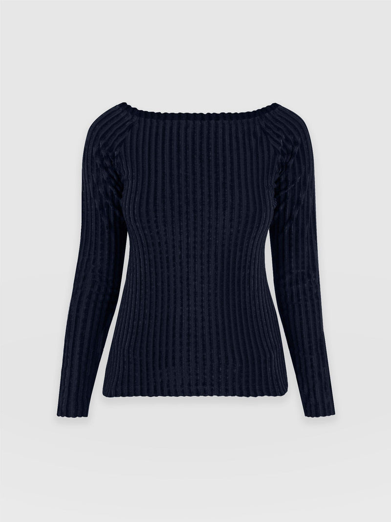 Riviera Tee Long Sleeve Top - Navy Stripe Velvet