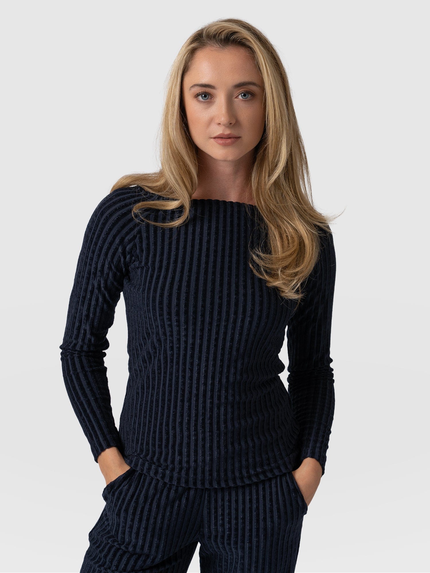 Riviera Tee Long Sleeve Top - Navy Stripe Velvet