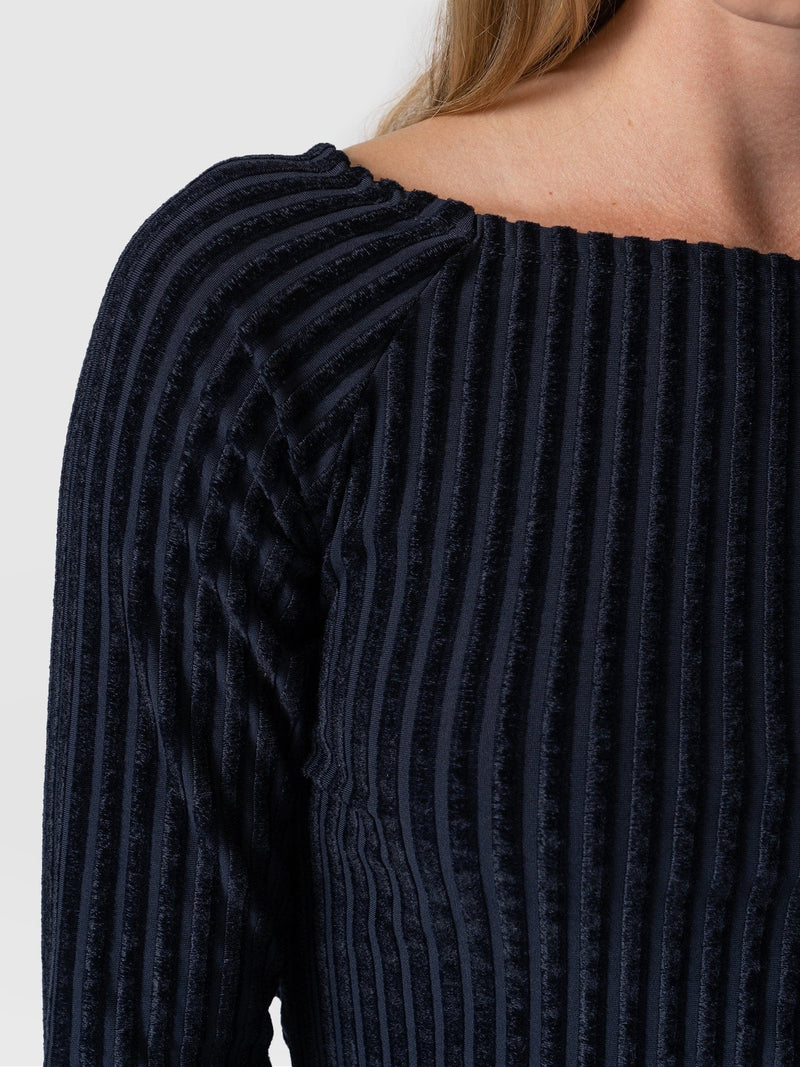 Riviera Tee Long Sleeve Top - Navy Stripe Velvet