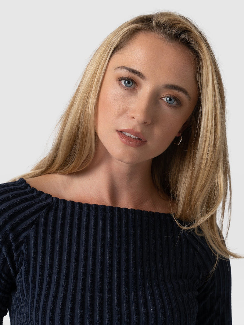 Riviera Tee Long Sleeve Top - Navy Stripe Velvet