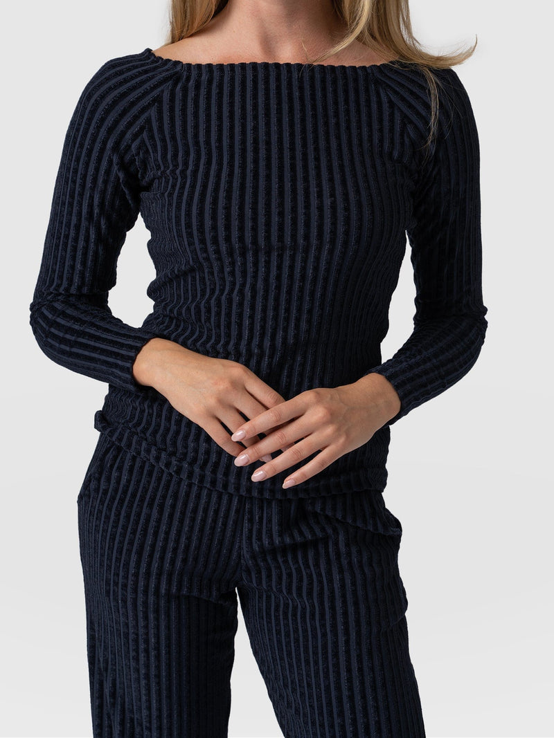 Riviera Tee Long Sleeve Top - Navy Stripe Velvet