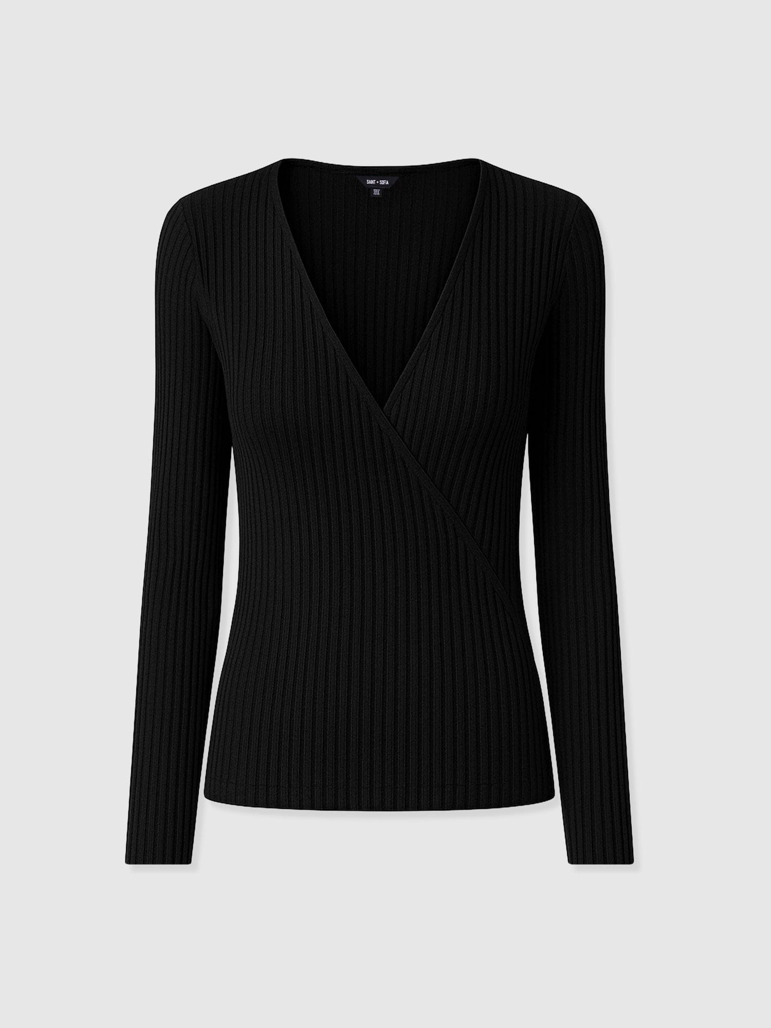 Rosa Wrap Tee Long Sleeve - Black Rib - Women's T-shirts | Saint + Sofia® UK